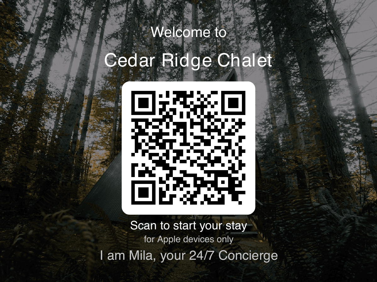 The printable Mila guest QR card, generated for a property